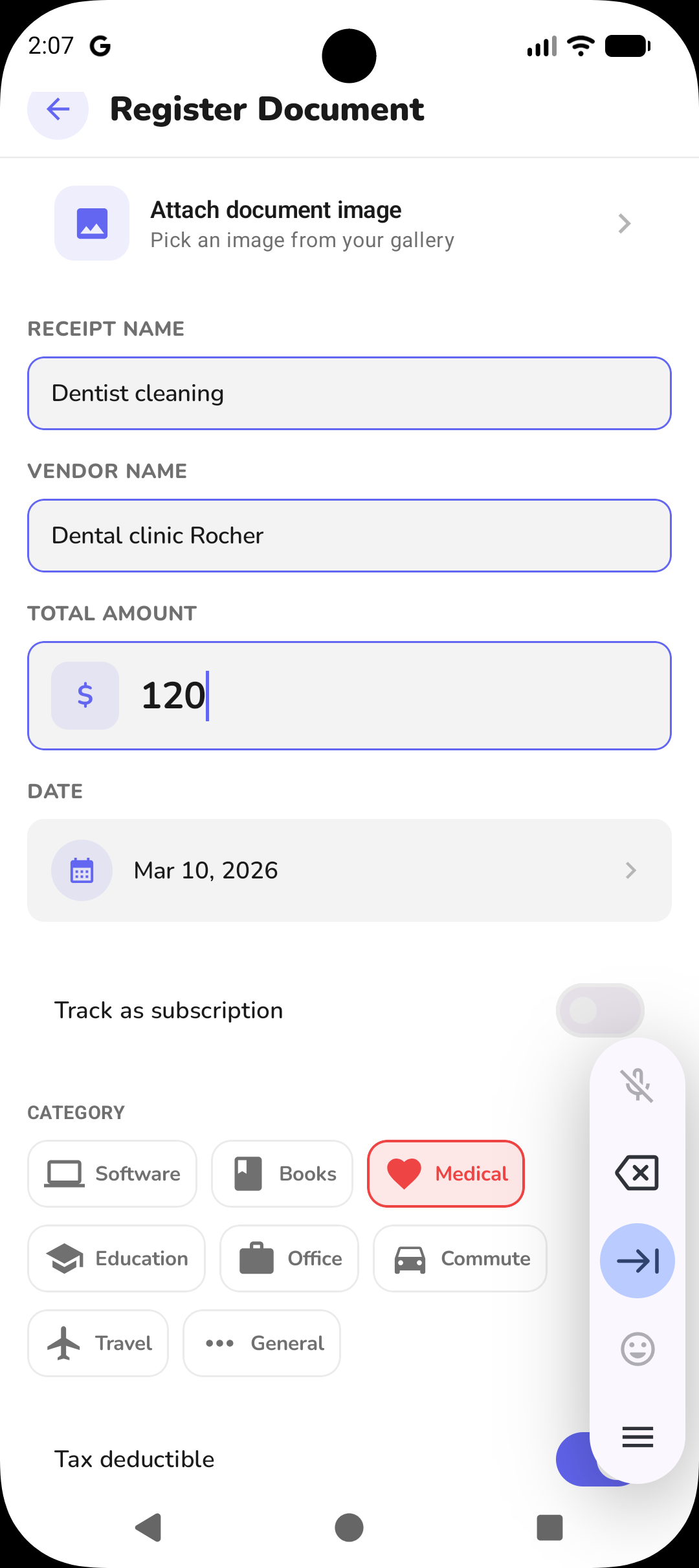 Fisky Register Document screen with amount, category, subscription toggle, and tax deductible option.