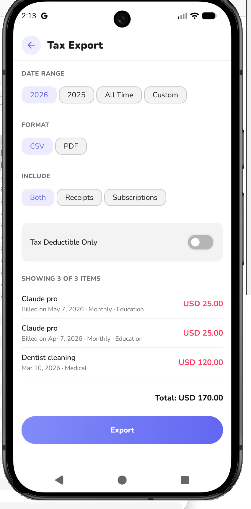 Fisky Tax Export screen with CSV and PDF filters and exportable items.